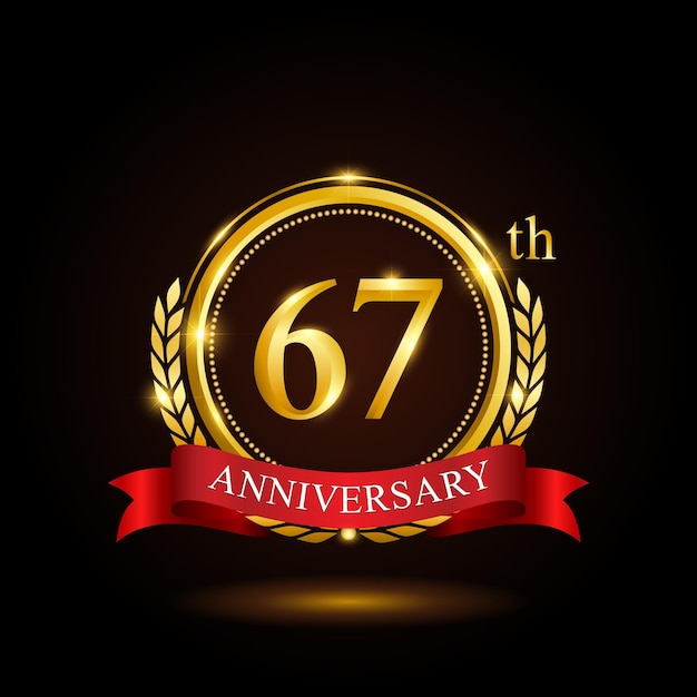 67th golden anniversary template design with shiny ring and red ribbon laurel wreath isolated on black background logo vector