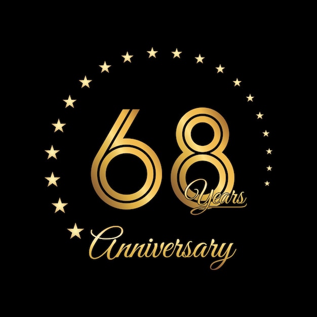 68 Years Anniversary logo design with golden color Handwriting style Line Art Logo Vector Template