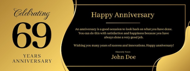 69 years anniversary a banner speech anniversary template with a gold background combination of black and text that can be replaced