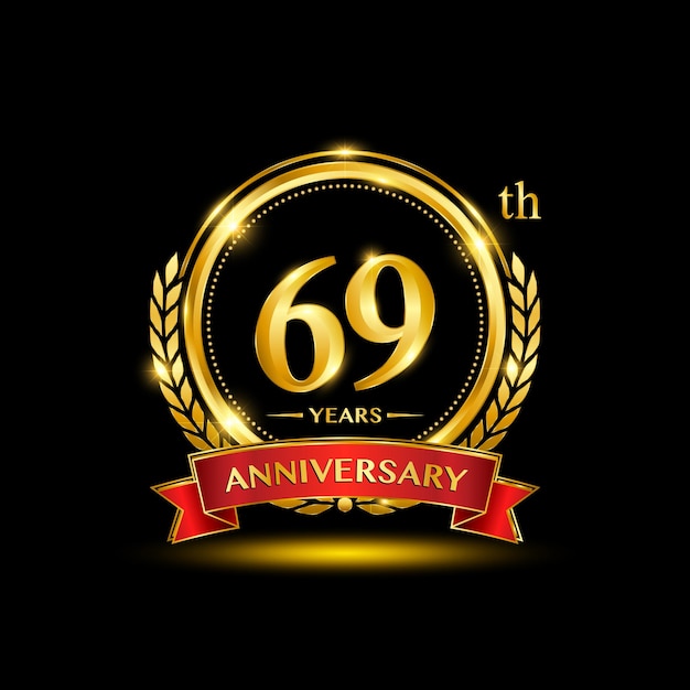 69th Anniversary logo design with golden laurel wreath and red ribbon Golden number vector design