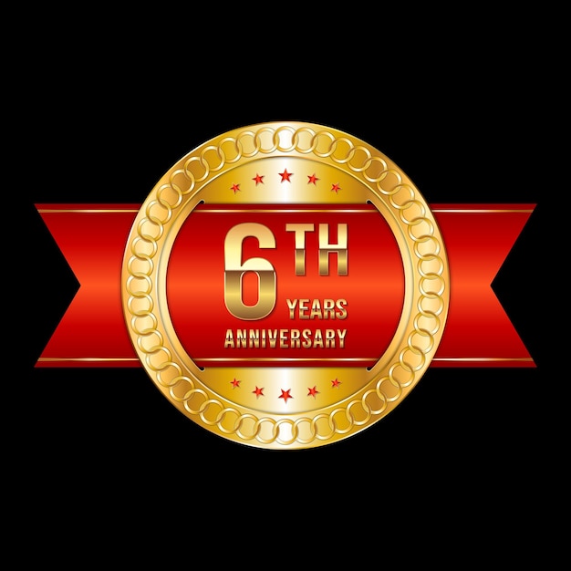 6th anniversary emblem design with gold color and red ribbon Logo Vector Template Illustration