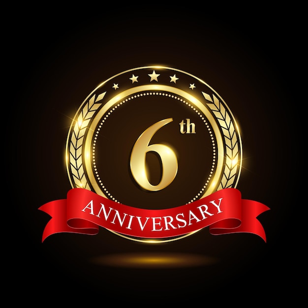 6th golden anniversary logo with shiny ring and red ribbon Laurel wrath isolated on black background vector design