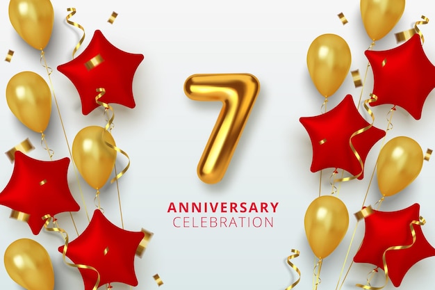 7 Anniversary celebration Number in the form star of golden and red balloons. Realistic 3d gold numbers and sparkling confetti, serpentine.