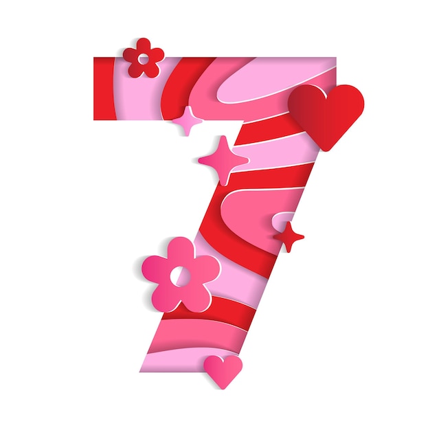 7 Numeric Valentines Day Love Character Font Number Paper Flower Heart 3D Layer Paper Cutout Card