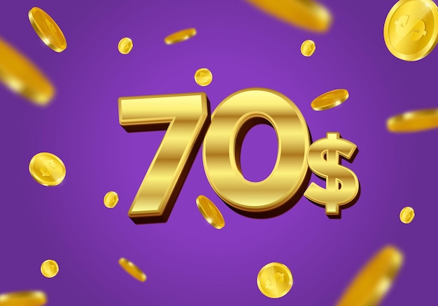 70 Dollar gift or offer poster with flying gold coins Seventy Dollar coupon voucher cash back