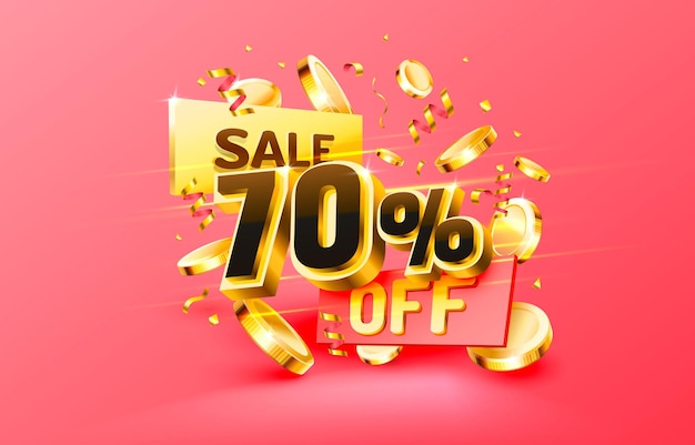 70 Off. Discount creative composition. 3d sale symbol with decorative objects, golden confetti, podium and gift box. Sale banner and poster. Vector illustration.