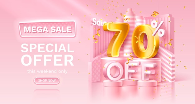 70 percent Special offer mega sale golden confetti podium and gift box Sale banner and poster Vector