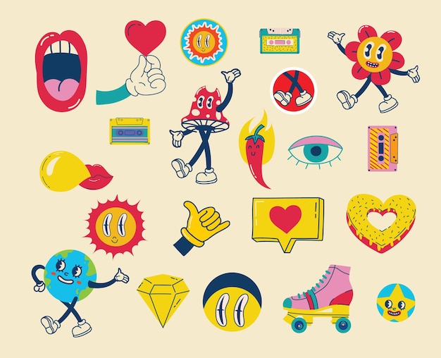 70's groovy illustrations for the posters cards or stickers with hippie cute colorful funky character concepts of crazy geometric dripping emoticon Only good vibes sentence