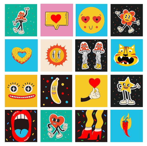 70's groovy square posters cards or stickers Retro print with hippie cute colorful funky character concepts of crazy geometric dripping emoticon Only good vibes sentence