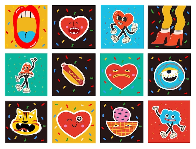 70's groovy square posters cards or stickers Retro print with hippie cute colorful funky character concepts of crazy geometric dripping emoticon Only good vibes sentence