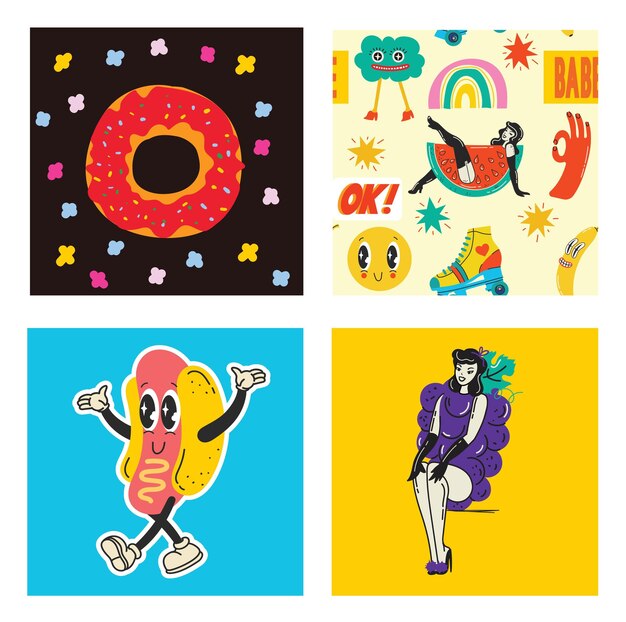 Vector 70's groovy square posters cards or stickers retro print with hippie cute colorful geometric shapes funky character concepts of crazy geometric dripping emoticon only good vibes sentence concept