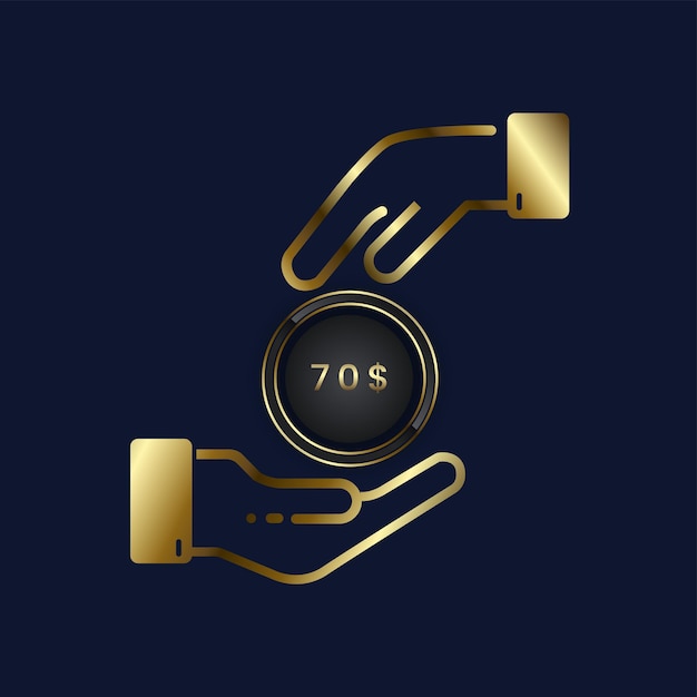 Vector 70 usd coin cashback golden symbol gold hand giving a dollar coin with premium hands