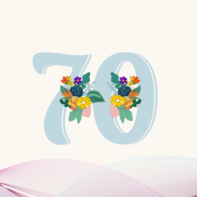 Vector 70 years old logotype 70 th anniversary numbers age congrats with flowers and leaves