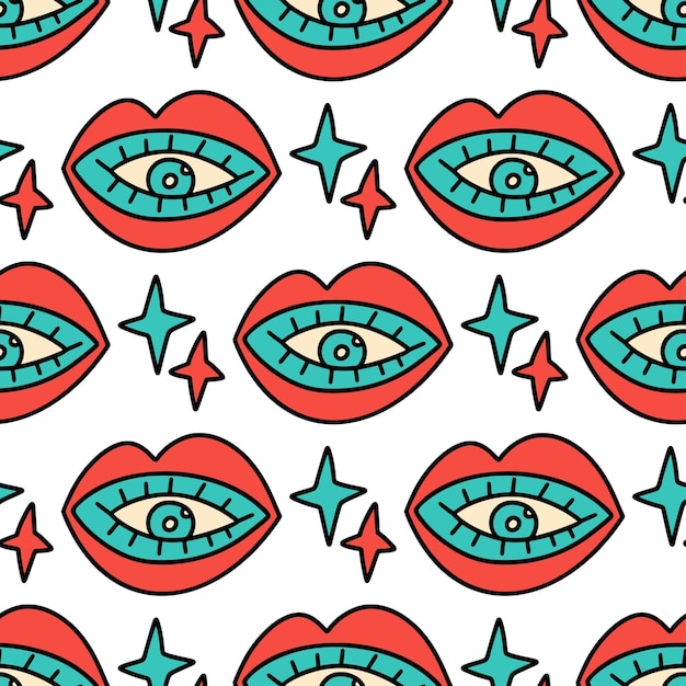 70s 80s groovy retro seamless vector pattern. Cartoon eye lips retro summer psychedelic funky cute