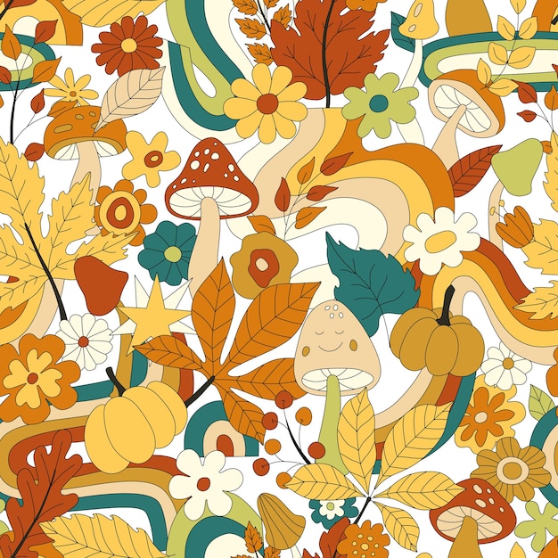 70s groovy hippie retro seamless pattern. Vintage floral vector pattern. Wavy fall background with rainbow, leaves, mushroom, pumpkin and flowers. Doodle hippie print for wallpaper, banner, fabric