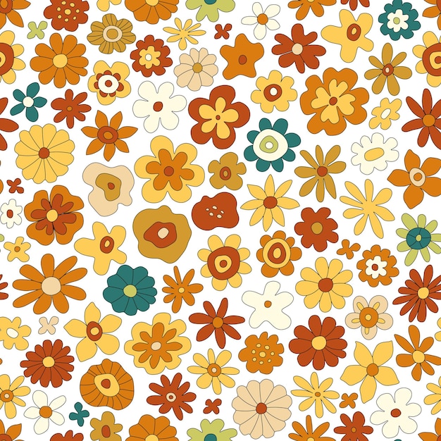 70s retro flower vector seamless pattern. Groovy vintage floral repeat pattern with flowers, simple shapes.Wavy geometric floral hippie print for wallpaper,banner, fabric, wrapping.Abstract background