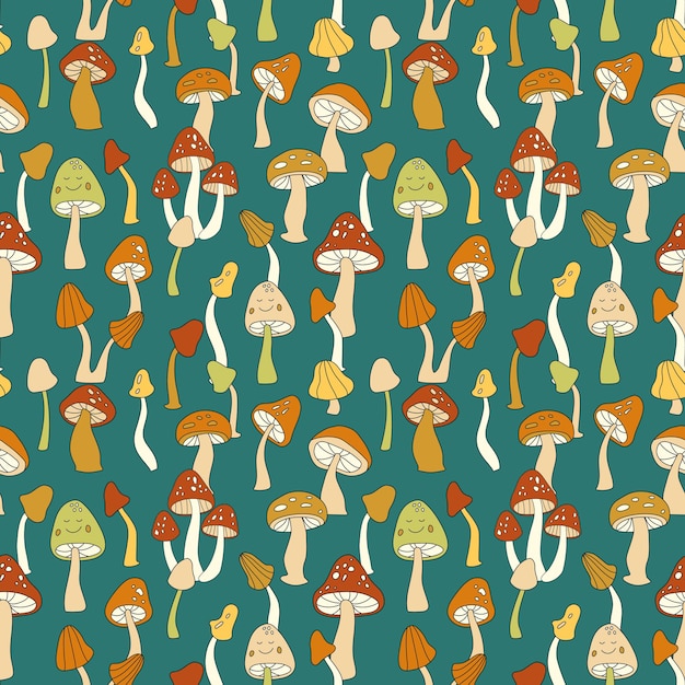 70s retro mushroom vector seamless pattern. Groovy vintage floral repeat pattern with fungi, fly agaric. Cute mushroom hippie print for wallpaper, banner, textile design, fabric, wrapping