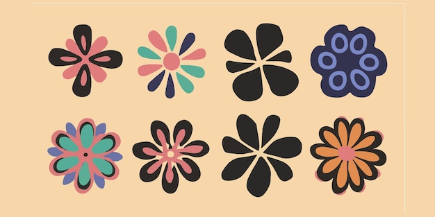 Vector 70s retro style nature and floral design elements set