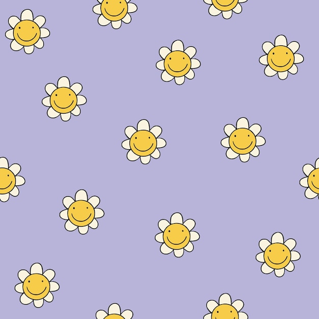 70s seamless  pattern with smiling faces daisy groovy flowers. hippy texture design wallpaper paper