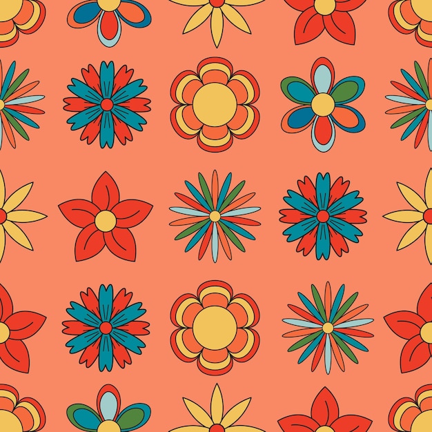 Vector 70s seamless vector pattern with vintage groovy flowers psychedelic floral background