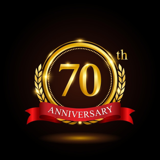 70th golden anniversary template design with shiny ring and red ribbon laurel wreath isolated on black background logo vector