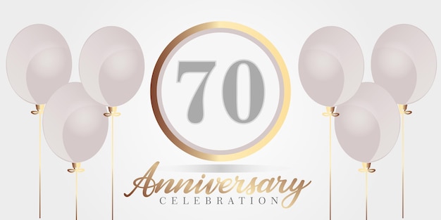 Vector 70th year anniversary celebration background.  gray and gold color numbers and text with  balloons.