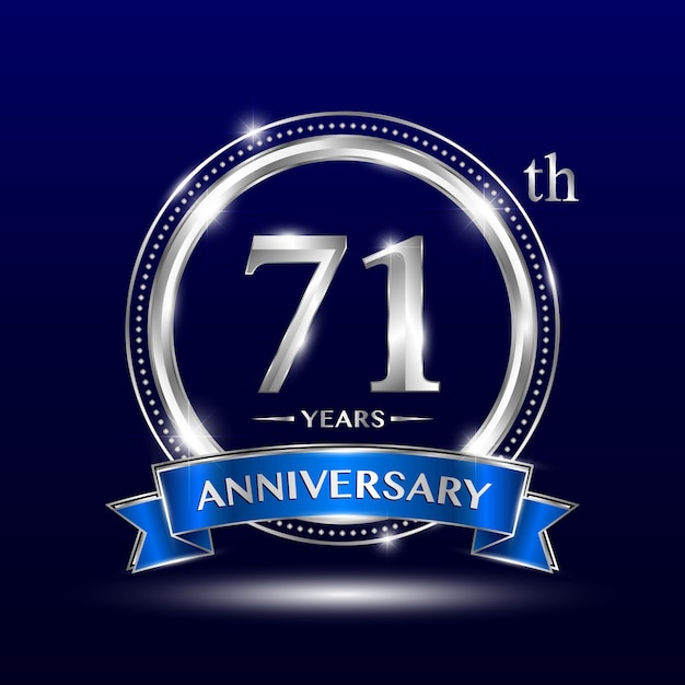 71th Anniversary logo with silver number and blue ribbon Vector design Logo design Template design