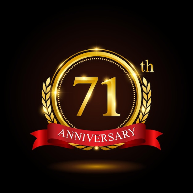 71th golden anniversary template design with shiny ring and red ribbon laurel wreath isolated on black background logo vector