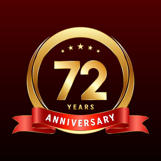 72th Anniversary logo design with golden ring and red ribbon Logo Vector Template Illustration