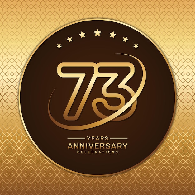 Vector 73th anniversary logo with a golden number and ring isolated on a golden pattern background