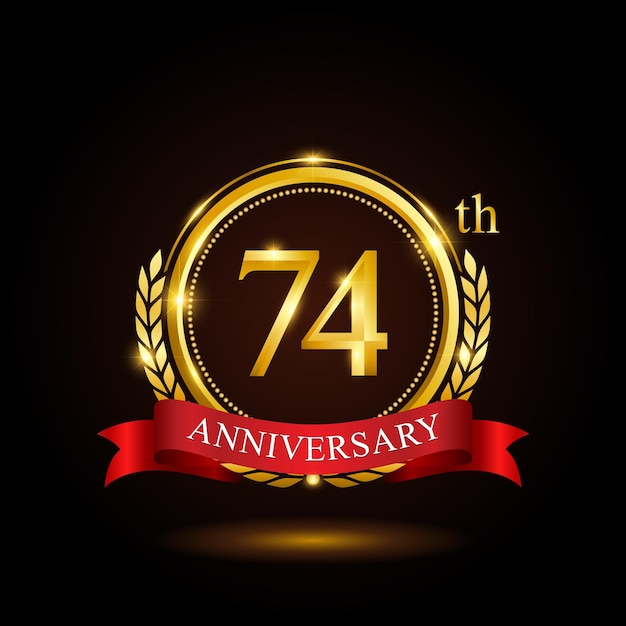 74th golden anniversary template design with shiny ring and red ribbon laurel wreath isolated on black background logo vector