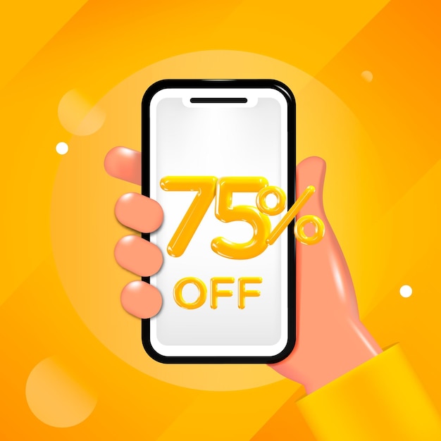 75 or Seventy Five percent off design. Hand holding a mobile phone with an offer message.