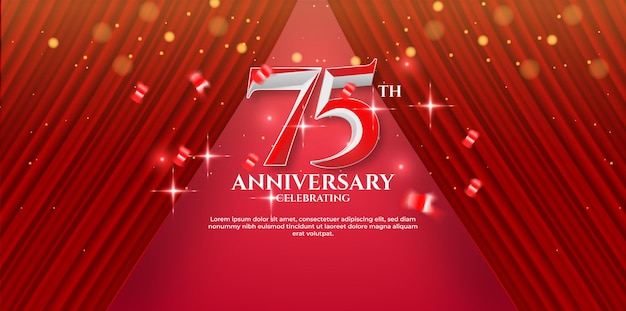 75th anniversary illustration background with red curtain and confetti