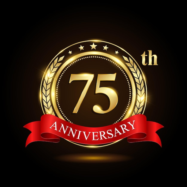 75th golden anniversary logo with shiny ring and red ribbon Laurel wrath isolated on black background vector design