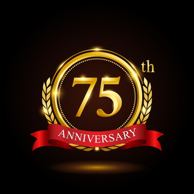 75th golden anniversary template design with shiny ring and red ribbon laurel wreath isolated on black background logo vector