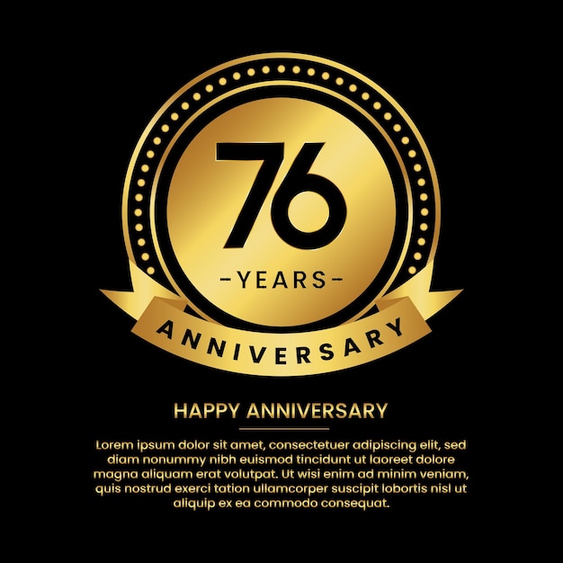 76 years anniversary banner with luxurious golden circles and halftone on a black background and replaceable text speech