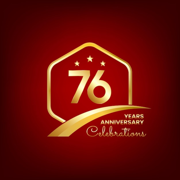 76 years anniversary inside of gold hexagon and curve with red backgrounds