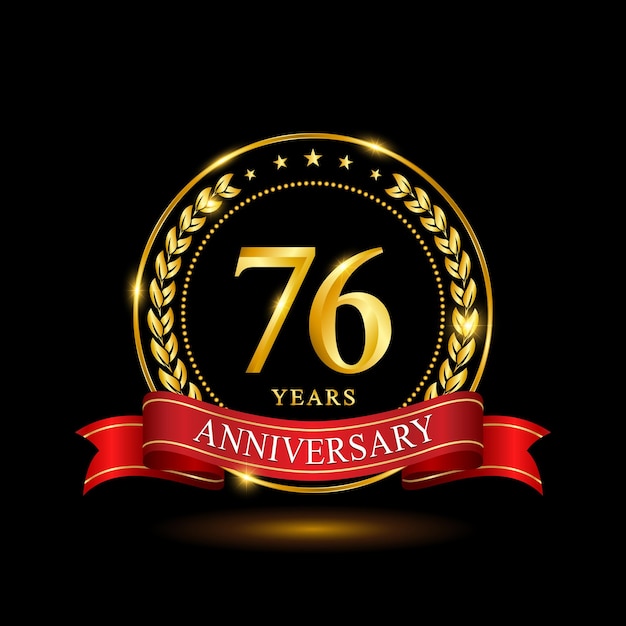 76 Years Anniversary template design with shiny ring and red ribbon laurel wreath isolated on black background logo vector