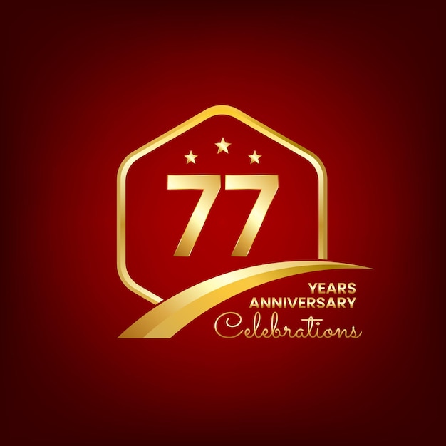 77 years anniversary inside of gold hexagon and curve with red backgrounds