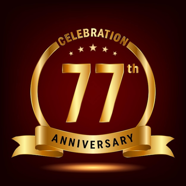 77th Anniversary Celebration logo design with ring and gold ribbon Logo Vector Template