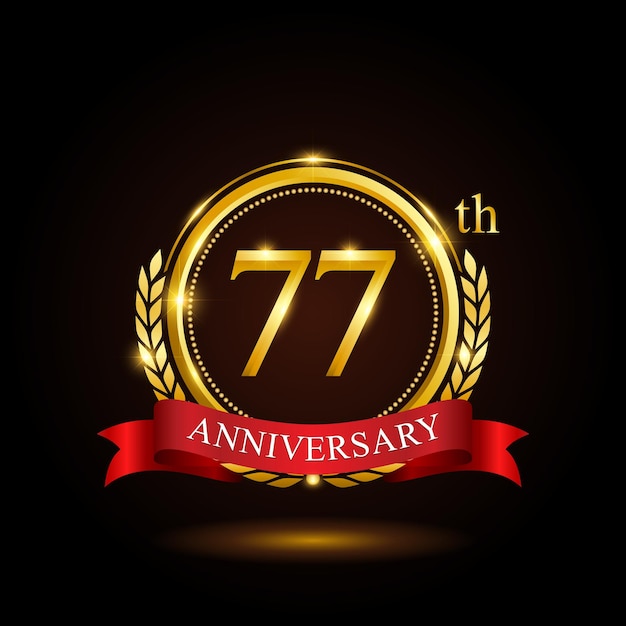 77th golden anniversary template design with shiny ring and red ribbon laurel wreath isolated on black background logo vector