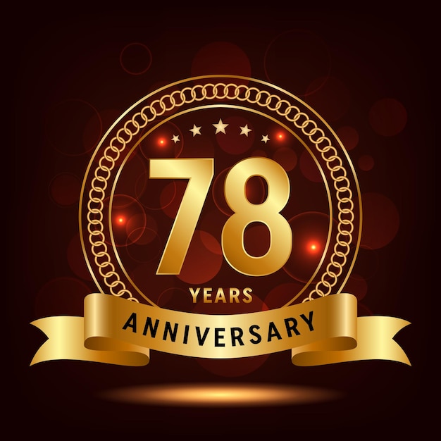 78th Anniversary Logo Golden number with sparkling confetti and ribbon Vector Template