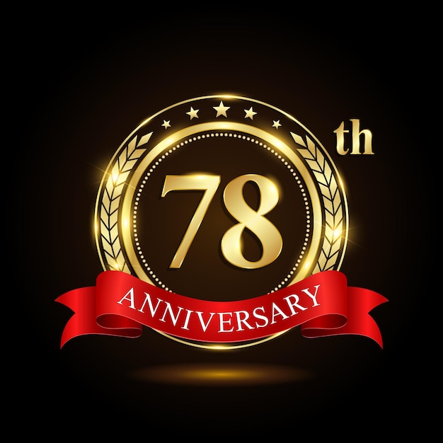 78th golden anniversary logo with shiny ring and red ribbon Laurel wrath isolated on black background vector design