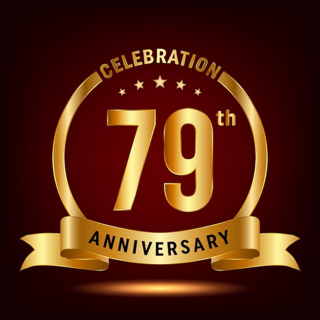 79th Anniversary Celebration logo design with ring and gold ribbon Logo Vector Template