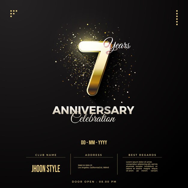 7th anniversary invitation with golden numbers in the dark