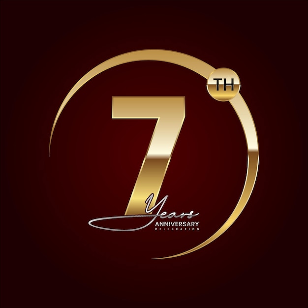 7th Anniversary Luxury logo design with golden ring Handwritten style text Logo Vector Template