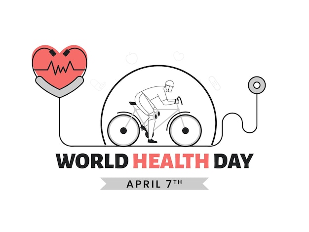 7th April World Health Day Concept With Doodle Style Man Cycling And Heartbeat Checkup By Stethoscope On White Background