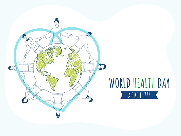 Vector 7th april world health day concept with doodle style people protecting earth globe together on white and pastel blue background