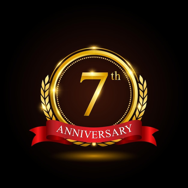 7th golden anniversary template design with shiny ring and red ribbon laurel wreath isolated on black background logo vector