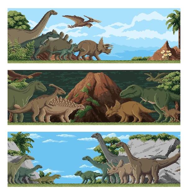 Vector 8 bit pixel art dinosaurs dino park landscape